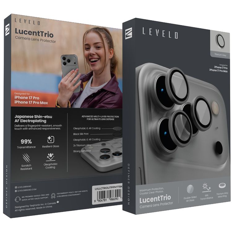 Levelo LucentTrio Camera Lens Protector with 99%  Transmittance for iPhone 17 Pro / 17 Pro Max, Anti-Fingerprint, Anti-Scratch, Double-Sided AR Glass, Oleophobic Coating, Multi-Layer Protection, Strong Adhesive - Titanium Gray