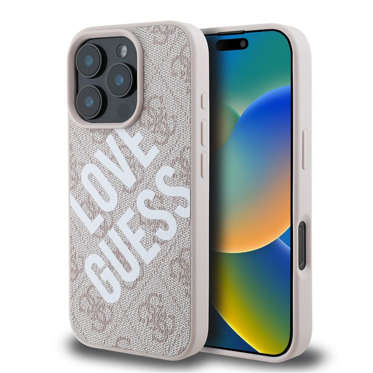 Guess PU 4G Hard Case with Big Love Guess Logo For iPhone 16 Pro, High Quality Material, Lightweight, Easy Snap-on - Pink