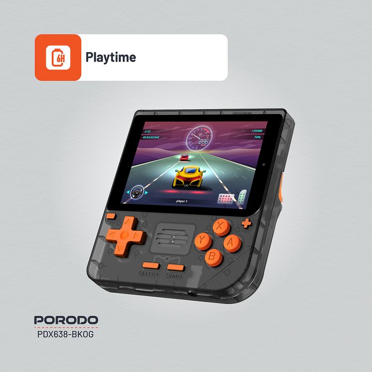 وحدة تحكم ألعاب Porodo Gaming Retro Arcade، محاكي ثلاثي الأبعاد، تصميم مريح، تشغيل صوتي غامر، شاشة IPS مقاس 3.5 بوصة، عمر بطارية 6 ساعات، بطارية 3000 مللي أمبير في الساعة - أسود / برتقالي 
