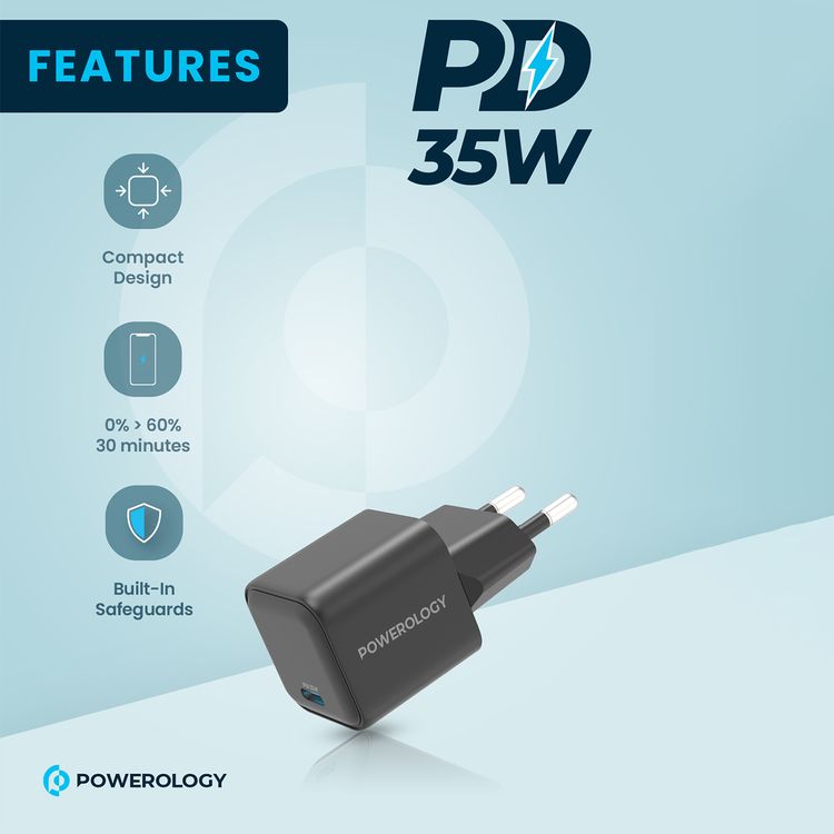 شاحن Powerology 35W Ultra-Quick GaN مع قابس الاتحاد الأوروبي، منفذ إخراج USB-C، شحن سريع، تصميم محمول ومضغوط، حماية مدمجة، مدخل 100-240 فولت - أسود