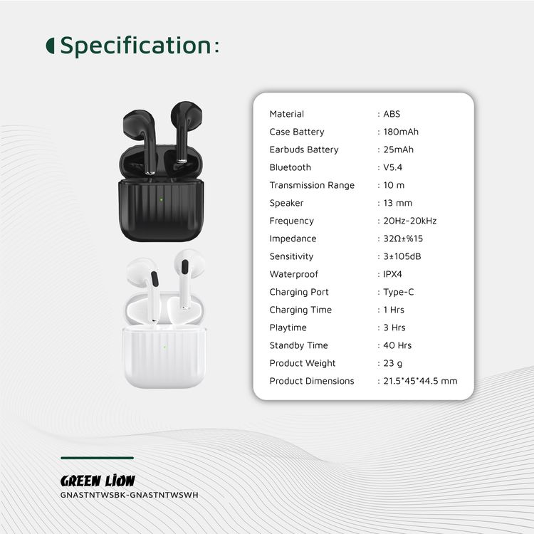 Green Lion Austin True Wireless Earbuds with Built-in Microphone, HiFi Sound, Dual-Mic, Touch Control, Voice Assistant, Type-C Charging, 3 Hours Playtime - White