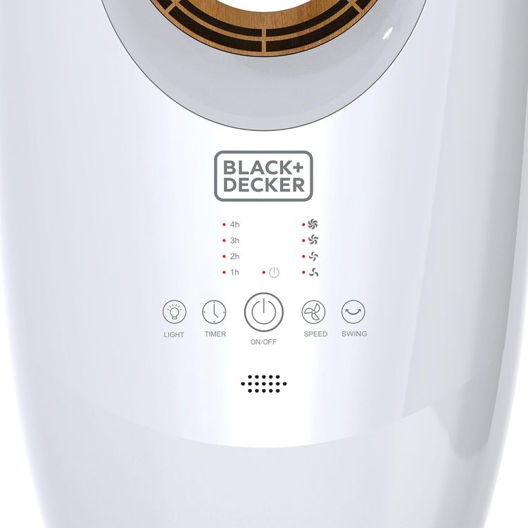 Black+Decker 2 in 1 Bladeless Fan, 85cm with 70W Tropical Motor, Cool-White LED Lamp, 60° Wide Oscillation, Low Noise, Remote Control, Wooden Trim, Covers 40m² – White