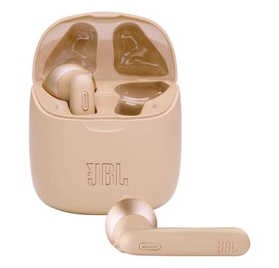 JBL T225 True Wireless Earbud Headphones, Pure Bass Sound, Bluetooth, 25-hours Battery Life, Dual Connect, Native Voice Assistant - Gold