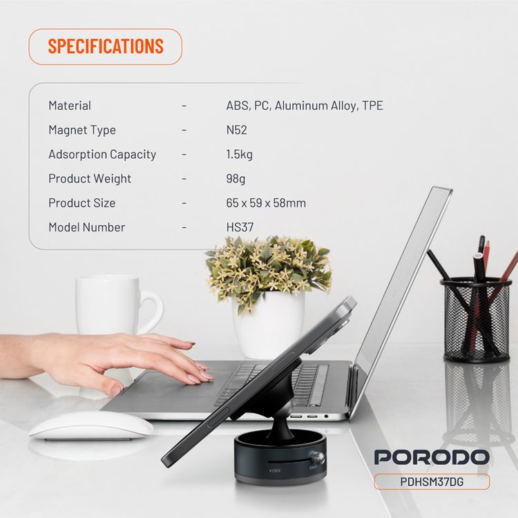 حامل هاتف ماج سيف متعدد الأسطح من بورودو مع قفل قبضة، مصنوع من مادة ABS وPC وسبائك الألومنيوم، نوع المغناطيس N52، سعة امتصاص 1.5 كجم، زاوية رؤية قابلة للتعديل - رمادي غامق