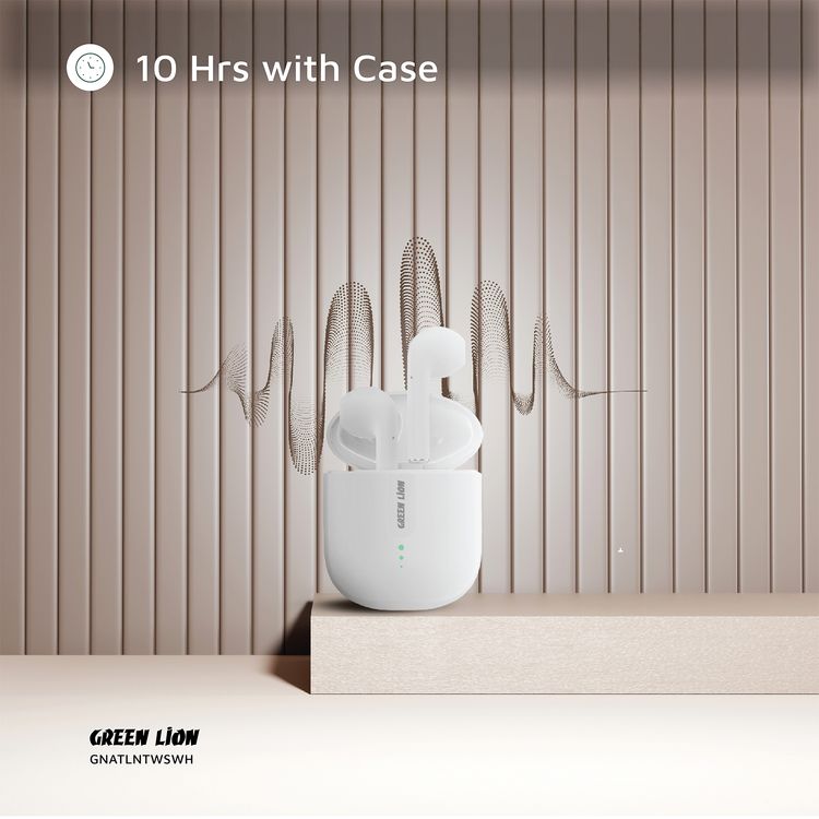 Green Lion Atlanta True Wireless Earbuds with Built-in Microphone, IPX4 Waterproof Level, Voice Assistant, HiFi Sound, Touch Control, 3 Hours Playtime - White