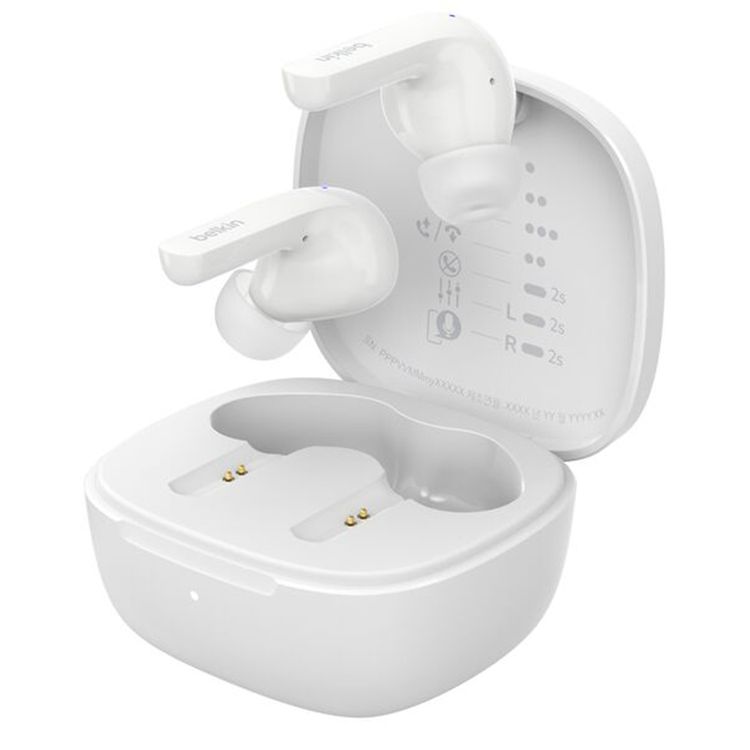 Belkin True Wireless Earbuds with ENC, Up to 28 Hours Playtime, 2 Layer Dynamic 7mm Driver, 1.5 Hours Charging Time, Qi-Wireless Charging Support, IPX5 Water Resistance Level, Bluetooth Version 5.2, 520mAh Charging Case Capacity, 60mAh Each Earbud Capacity - White