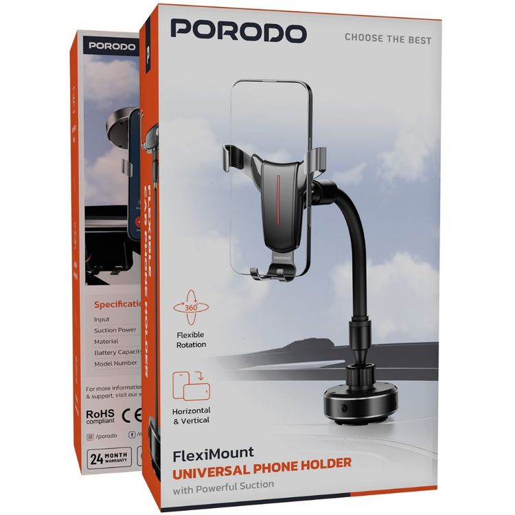 Porodo FlexiMount Universal Phone Holder with Powerful Suction, Adjustable Horizontal & Vertical Viewing, 360° Rotation, 100mAh Battery, ABS, Silicone & Aluminum Alloy Material, 18-65kPa Suction Power - Black