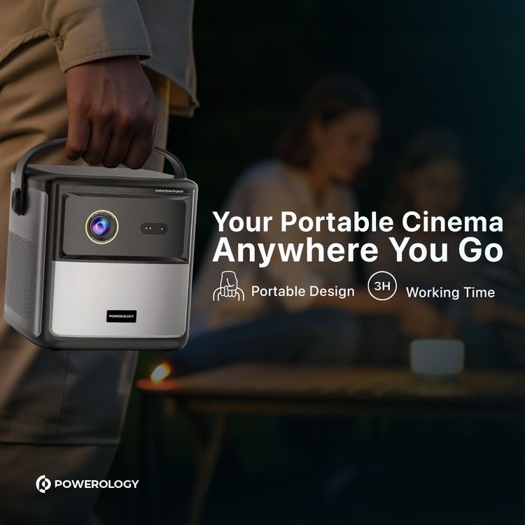 Powerology 4K GTV Projector, FHD Resolution, Wi-Fi, Android 9, 15000mAh Battery, 3D Content Supported, USB & HDMI & 3.5mm Audio Interface - Black