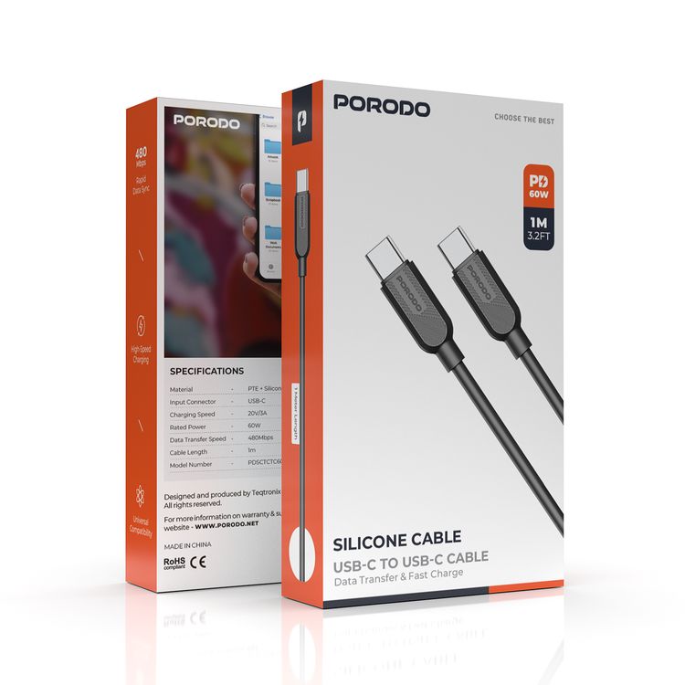 Porodo Silicone USB-C to USB-C Cable with Data Transfer, PD60W Fast Charging, Rapid Data Sync, PTE + Silicone Material - Black