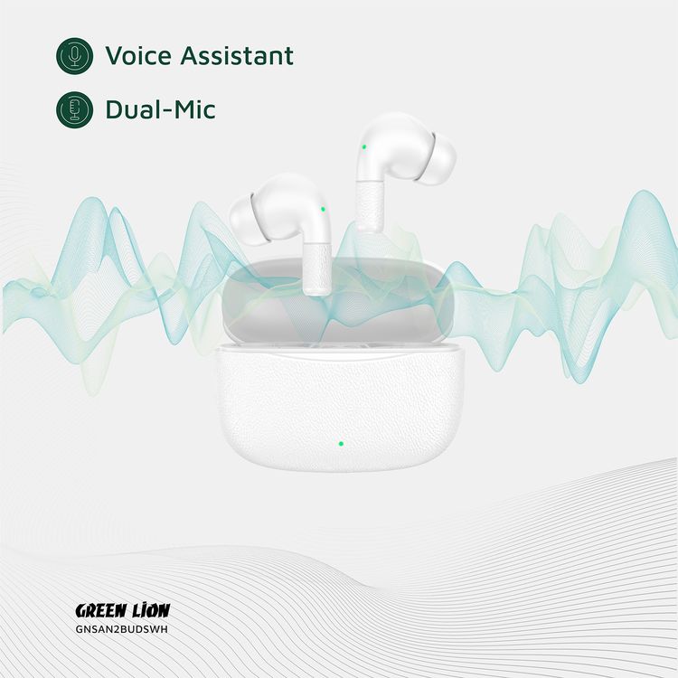 Green Lion Santorini 2 True Wireless Earbuds with Touch Controls, Up to 5 Hours Play Time, ABS Material, 2500 Hours Standby Time, 13mm Speaker Size, ENC Dual Microphones, High-Quality Sound, Voice Assistant - White