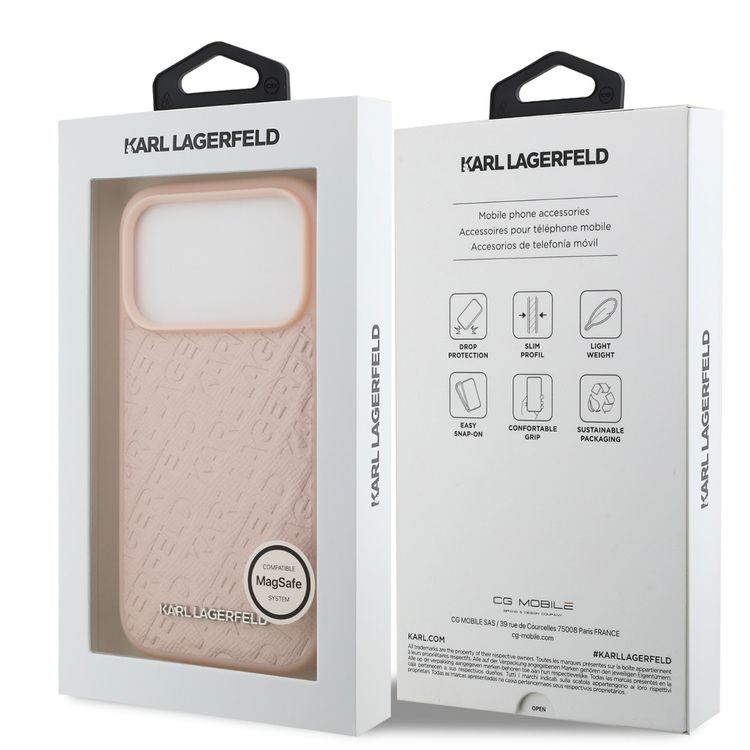 Karl Lagerfeld MagSafe Full Wrapped PU Leather Case with Karl Grain for iPhone 17 Pro Max, Slim Profile, Drop Protection, Easy Snap-On, Sustainable Packaging, Comfortable Grip, Lightweight Design - Pink