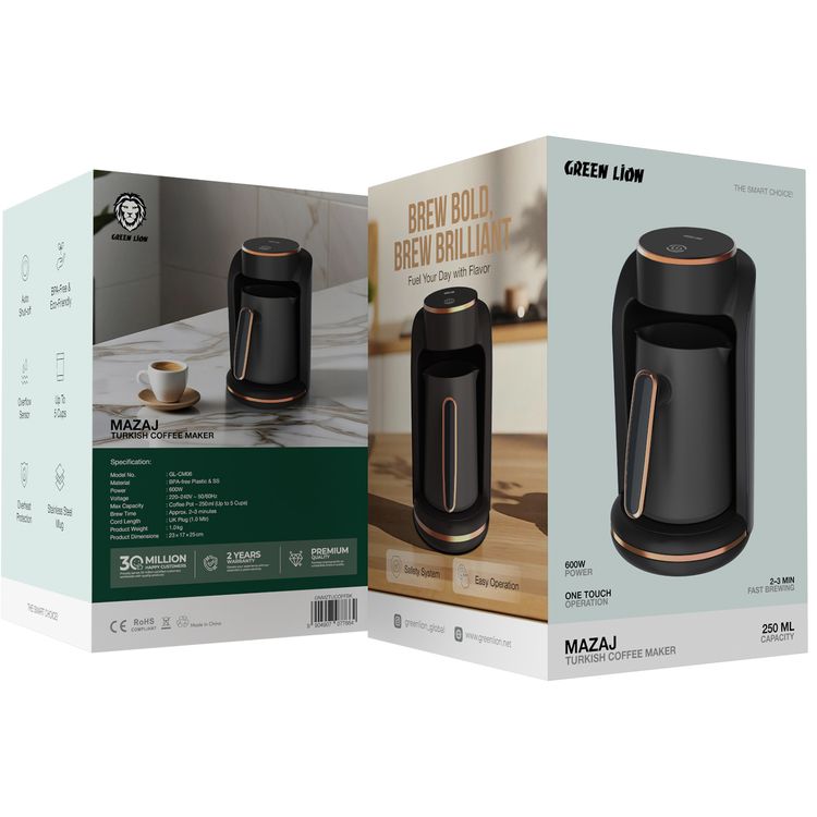 Green Lion Mazaj Turkish Coffee Maker with Overflow Sensor, Up to 250mL Coffee Pot Capacity, 600W Power, 2-3 Minutes Fast Brewing, Auto Shut-Off Function, Stainless Steel Mug, Overheat Protection - Black