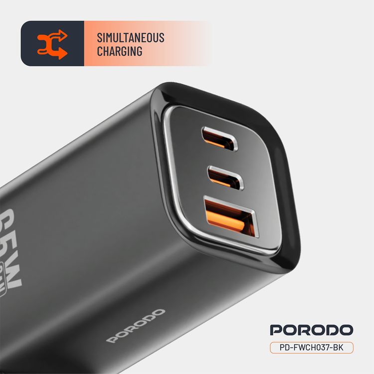 Porodo Triple Output Quick Wall Charger with 65W Power Delivery, Built-in Safeguards, Simultaneous Charging, 22.5W USB-A Output, Laptop Charging Compatibility - Black