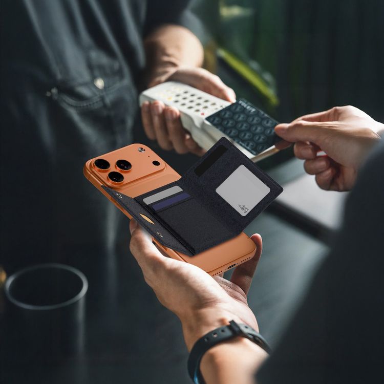 Levelo Mitte 8-in-1 MagSafe Cardholder Wallet with 17 Integrated Strong Magnets, 8 Card Slots, Saffiano Leather Material, Foldable Design - Black