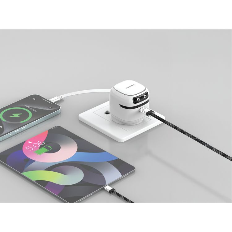 Porodo Ayuan Mini Travel Charger with GaN Technology, Retractable Type-C Cable, 65W Max Type-C Output, 65W Max Type-C Cable Output, 45W Total Output, Multi-Device Charging, Built-in Safety Features, Smiling Robot Design - White