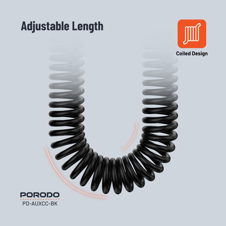 Porodo 3.5mm AUX to 3.5mm AUX Coiled Audio Cable with 1.2m Length, Universal Compatibility, Auto-Retract & Tangle-Free Design - Black