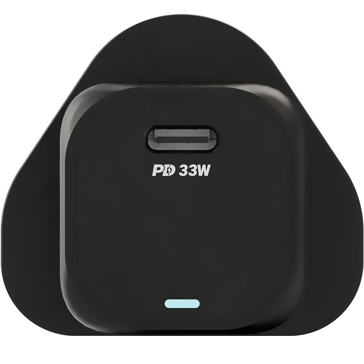 Powerology 33W GaN PD Charger with 1.2m USB-C to USB-C Cable, UK 3-Pin Plug, Built-in Safeguards, 0%-60% Charge in 30 Minutes, USB-C Fast Charging - Black