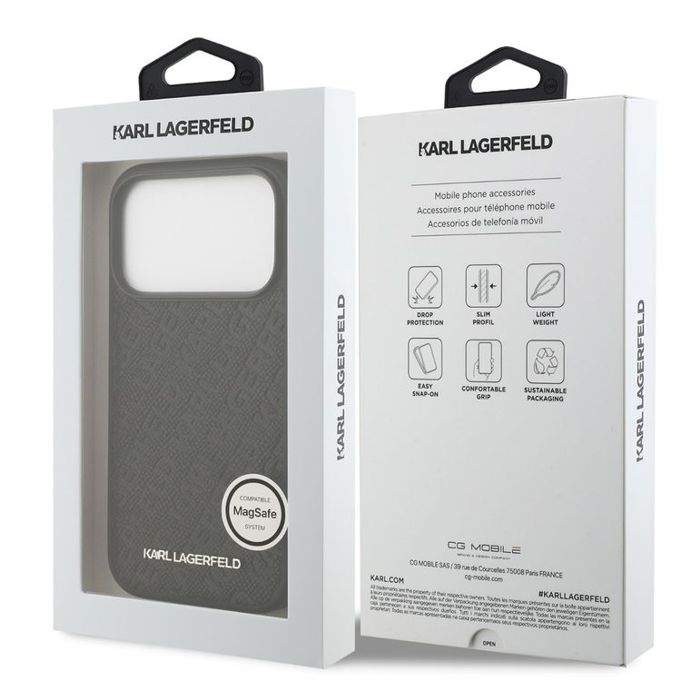 Karl Lagerfeld MagSafe Full Wrapped PU Leather Case with Karl Grain for iPhone 17 Pro, Slim Profile, Drop Protection, Easy Snap-On, Sustainable Packaging, Comfortable Grip, Lightweight Design - Black