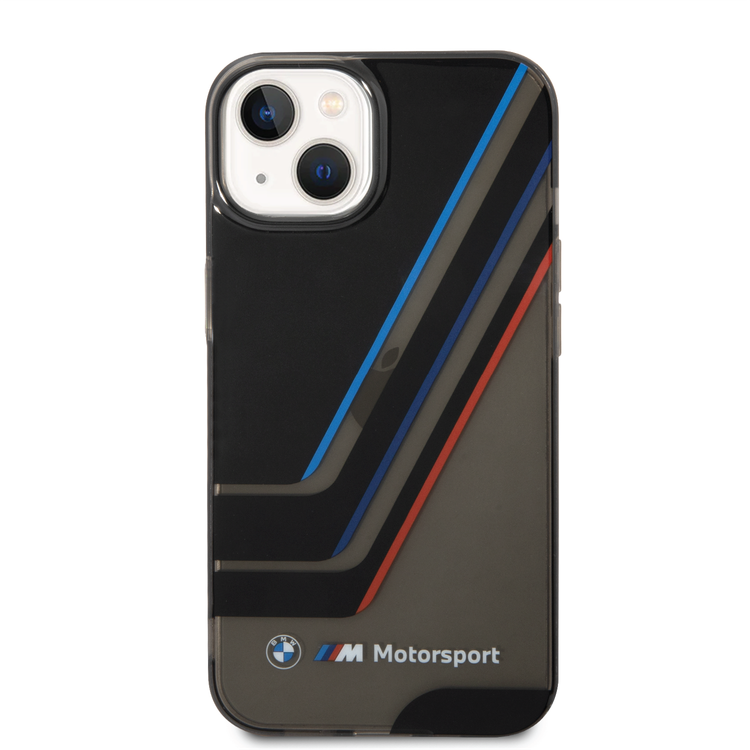 BMW Motorsport Collection PC/TPU IML Printed Tricolor Stripes, Translucent Zones Bumper Protection iPhone 14 Compatibility - Black