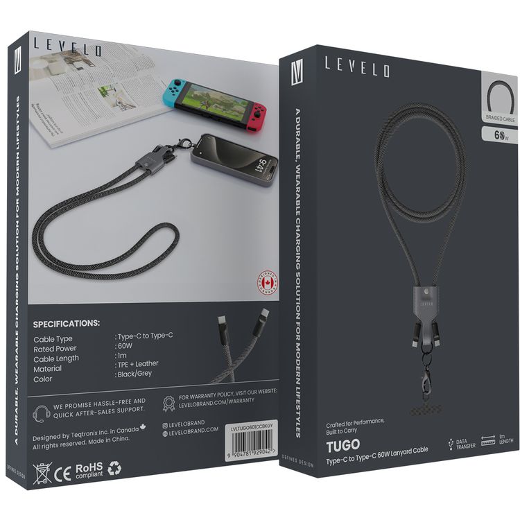 Levelo Tugo Type-C to Type-C 60W Lanyard Cable with TPE + Leather Material, 1m Cable Length, Data Transfer - Black/Gray