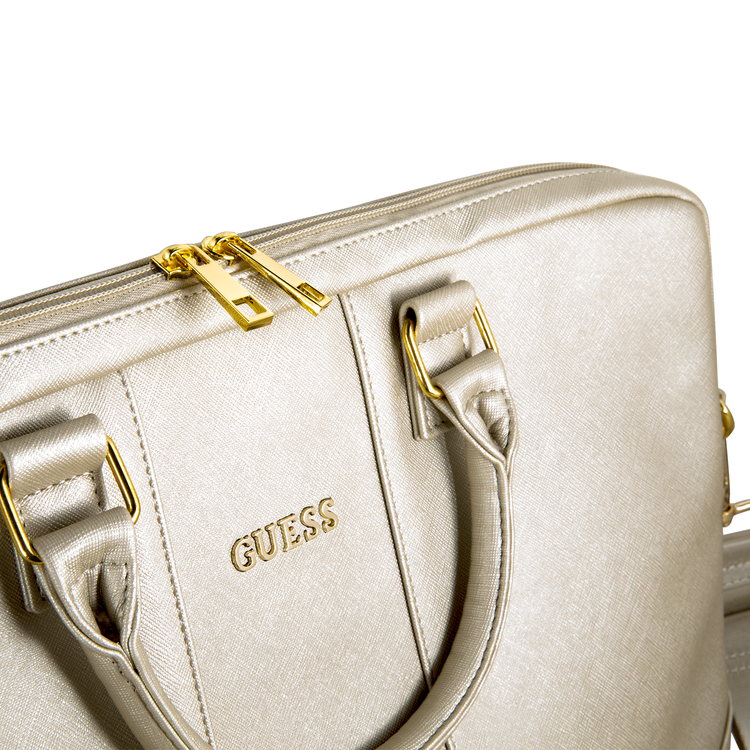 CG MOBILE Guess Saffiano-Look Computer Bag 15" with Adjustable Shoulder Strap with Zipper for MacBook, Suitable for Outdoor, Business, Office, School Officially Licensed Beige