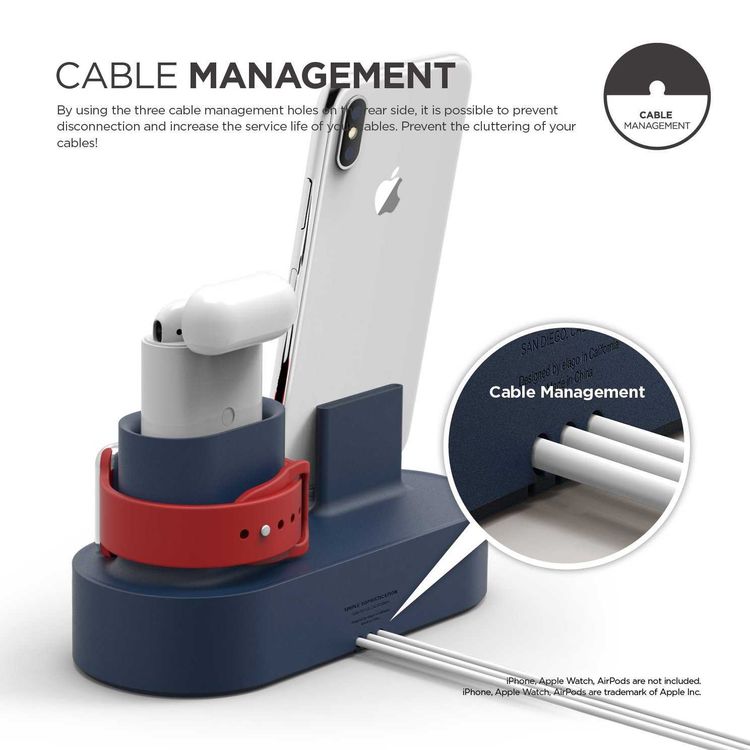 محور شحن Elago 3 في 1، محطة شحن 3 في 1، متوافقة مع iPhone وAirpods والساعة الذكية، مادة سيليكون عالية الجودة، متينة، تمنع تشابك الكابلات - Jean Indigo