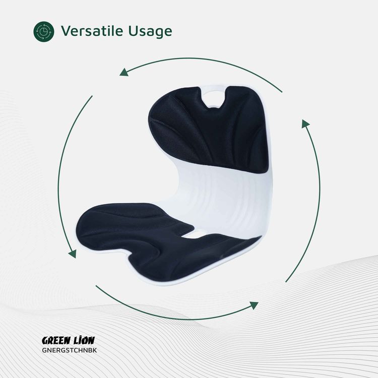 Green Lion Ergo Seat Cushion with PP, PU & Fabric Material, 150kg Max Load Capacity, Posture Correction, Lumbar Support, Elastic Backrest, Breathable Fabric, Comfortable Cushioning - Black