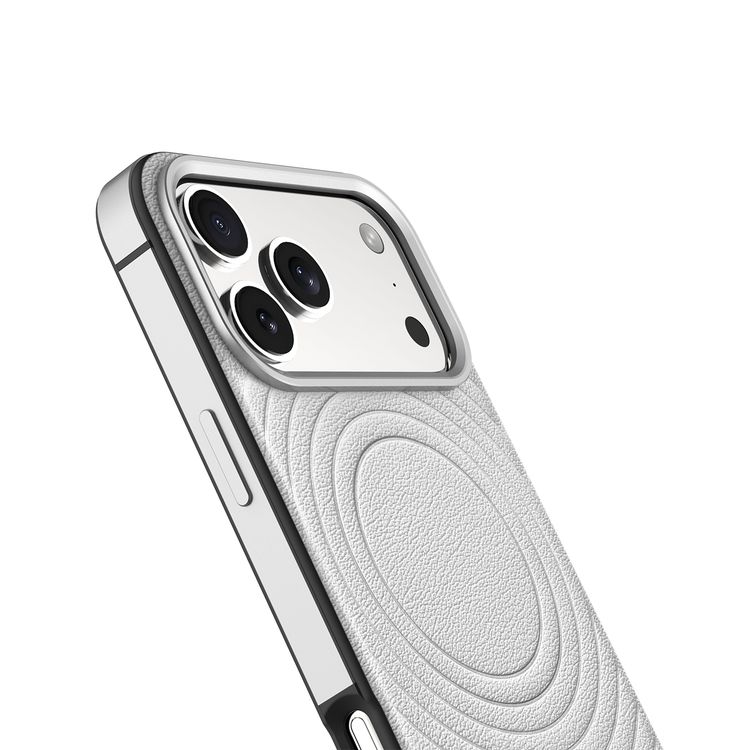 Levelo Spirale PU Leather Hybrid Case for iPhone 17 Pro Max, MagSafe Compatible & Strong Magnets, Impact-Resistant, Shock-Resistant Bumper, Aluminum Alloy Frame for Camera & Edges, Drop-Tested - Silverstone