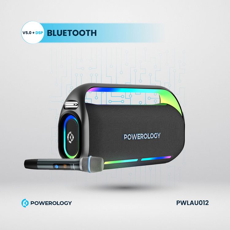 Powerology TWS Karaoke Speaker 150W with Mic and Remote, Bluetooth Version 5.0 + DSP, 18000mAh Battery Capacity, 12 Hours Working Time, 7.5 Hours Charging Time - Black