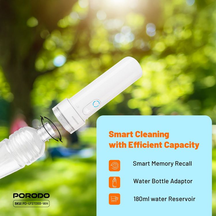 Porodo Lifestyle Electric Travel Bidet with 3 Spray Modes, Smart Memory Recall, Water Bottle Adapter, 180mL Water Reservoir, Waterproof - White 