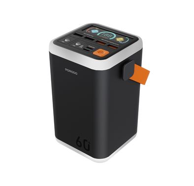 Porodo Cappadoc 60000mAh Multi-Port Power Bank with PD45W USB-C Output, Efficient Heat Dissipation, Fast Charging, 6 Output Ports, TFT Display, Built-In Safeguards - Black