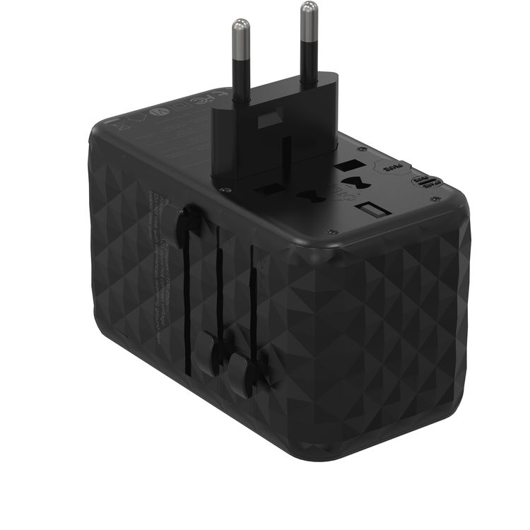 Powerology Universal GaN Super Charger with PD 100W, ×2 USB-A & ×2 USB-C Ports, Quick Charger, Laptop Charger, +150 Countries Compatibility - Black