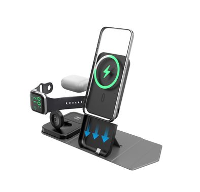 Green Lion Trio Charger Pro 5000mAh Power Bank, PD 20W with 3-in-1 Wireless Charging, Detachable Power Bank, Built-in Kickstand, 27W USB-C Power Input - Gray