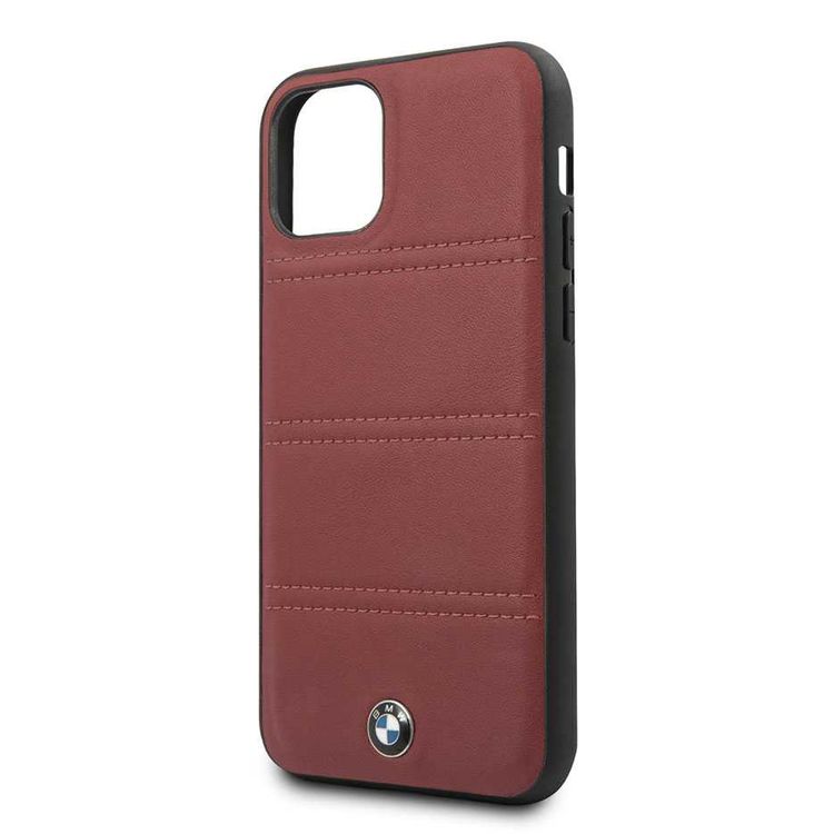 BMW Hard Case Leather Horizontal Lines Compatible w/ iPhone 11 Pro, Complete Protection, Easy Access to All Ports, Raised Edge to Protect Camera - Burgundy