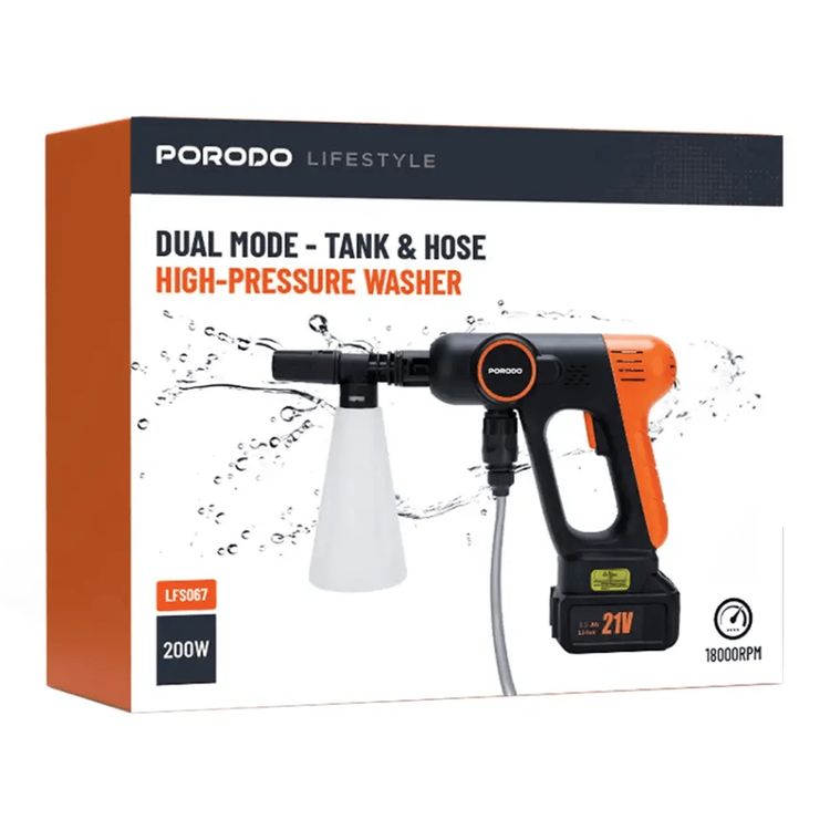 Porodo Lifestyle Dual Mode - Tank & Hose High-Pressure Washer, 5M Water Hose , Foam Bottle , Lithium Battery - Black / Orange