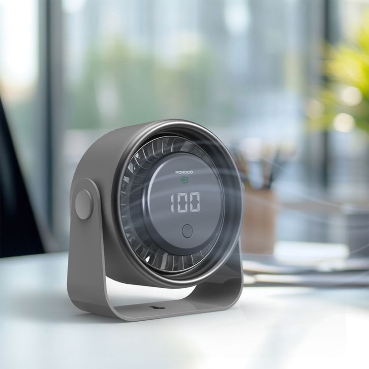 مروحة تبريد ميني فلورا من بورودو لايفستايل مع شاشة LED رقمية وتحكم باللمس، وقت تشغيل يصل إلى 9.5 ساعات، منفذ شحن USB-C، بطارية 3000 مللي أمبير، 4 أوضاع للسرعة، تشغيل صامت - رمادي