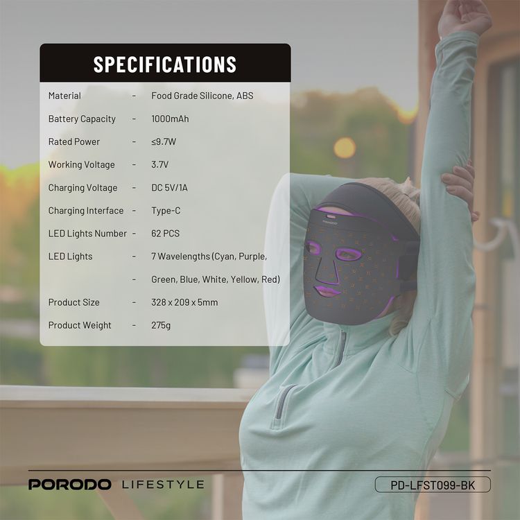 Porodo Lifestyle Red Light Therapy Face Mask with Portable Battery Connection, Type-C Charging Cable, 1000mAh Battery Capacity, 7-Color Light Therapy - Black