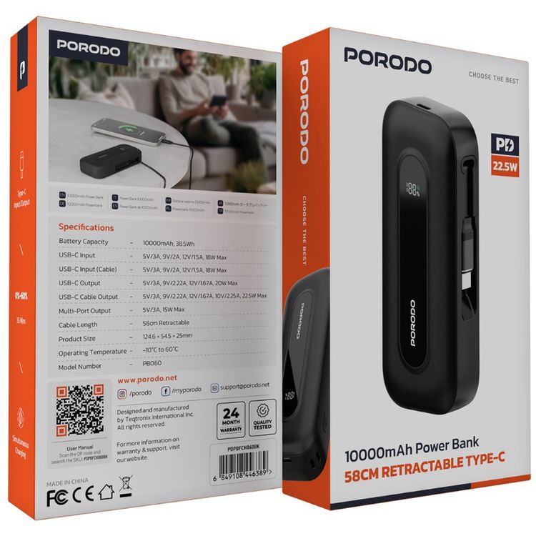 Porodo 10000mAh Power Bank with Type-C Port & Integrated Type-C Cable, Digital Display, PD 30W, Lightweight & Portable - Black