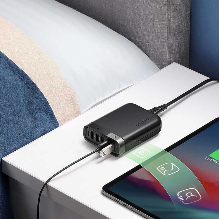 RAVPower 6-Port USB Charger Filehub 60W QC 3.0 with USB-C 24W PD Fast Charging - Backup Function - iSmart Port - USB Charging Station Filehub Compatible for Phone & Tablet - Black