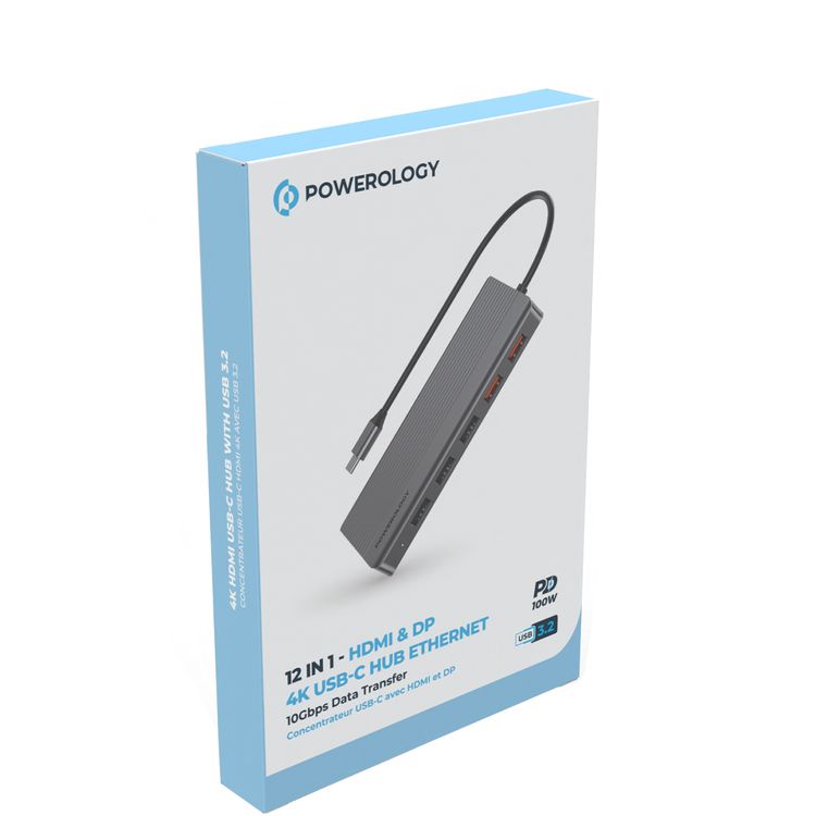 Powerology 12 in 1 - Hdmi & DP 4K Usb-C Hub Ethernet 10Gbps Data Transfer - Gray