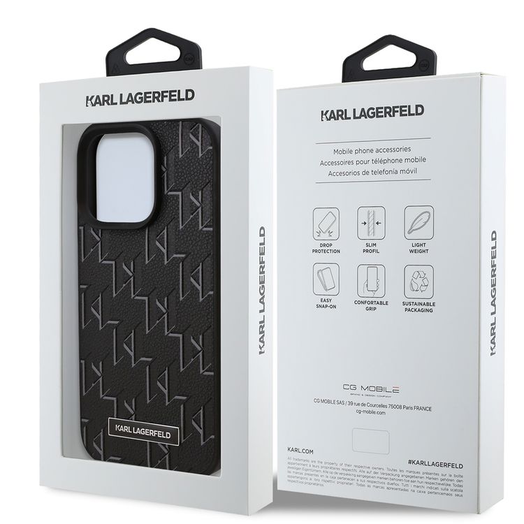 Karl Lagerfeld PU Hard Case for iPhone 16 Pro Max with Karl Lagerfeld Hot Stamp, Slim Profile, Lightweight, Sustainable Packaging, Comfortable Grip, Easy Snap-on  - Black