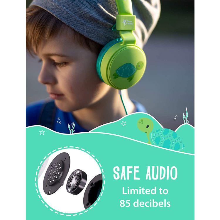 Planet Buddies Kids Wired Headphones with 85 dB Volume Limited, Plug and Play, Lightweight and Comfortable Design, 40 mm Driver Size, Adjustable Headband Suitable for Children (Turtle) - Green
