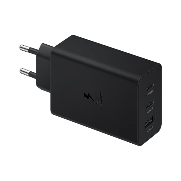 شاحن السفر سامسونج تريو 65 واط، 2 منفذ USB-C و1 منفذ USB-A، شحن سريع جداً SFC 2.0، جهد كهربائي مدخل 100-240 فولت، شحن متعدد الأجهزة، طرق حماية آمنة - أسود