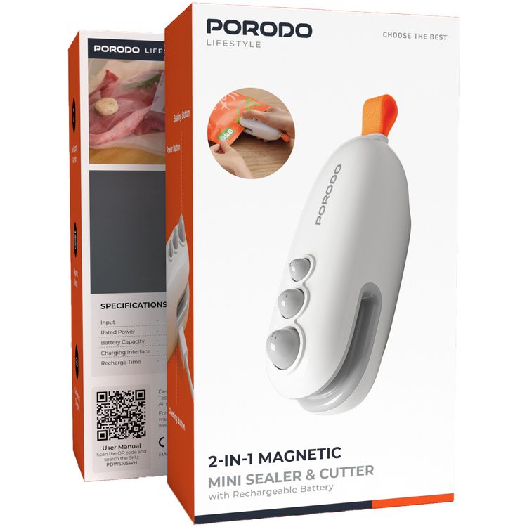 Porodo Lifestyle 2-In-1 Magnetic Mini Sealer & Cutter with Rechargeable Battery, 400mAh Battery Capacity, 2 Hours Working Time, ABS  Material - White