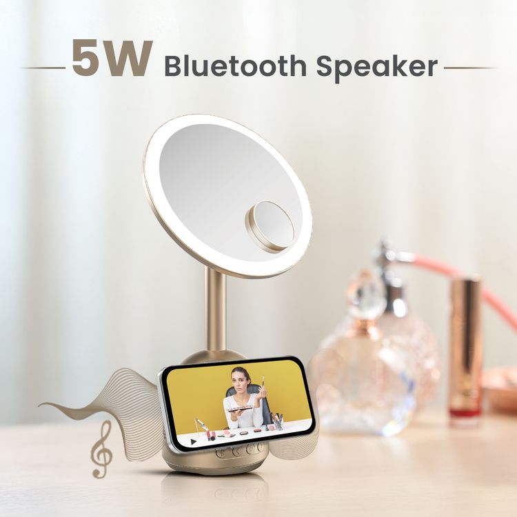 Green Lion Makeup Mirror with Bluetooth Speaker, MagSafe Charger, 3-Level LED Light, Bluetooth Version 5.1, 5000-6500K Color Temperature, 26 LED Beads, 60° Rotation, Type-C Charging Port, ABS & Glass Material - Gold