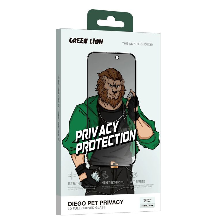 واقي شاشة Green Lion Diego Pet Privacy Full المنحني المصنوع من الزجاج عالي الاستجابة ومضاد لبصمات الأصابع والخدوش وخالٍ من الفقاعات - حافة سوداء