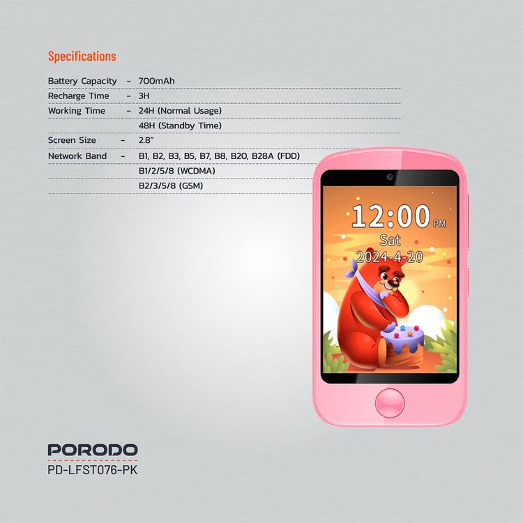 Porodo Kids 4G Smart Phone, 700mAh Battery Capacity, 24 Hours Normal Usage, 48 Hours Standby Time, SOS Calling, 2.8" Screen Size - Pink