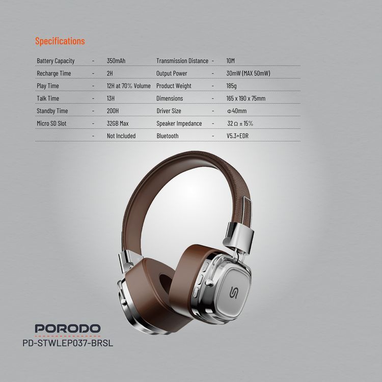 Porodo Soundtec Vintage Wireless ENC Headphones, Up to 12 Hours Battery Life, 10m Transmission Distance, 350mAh Battery Capacity, 2 Hours Recharge Time - Brown/Silver