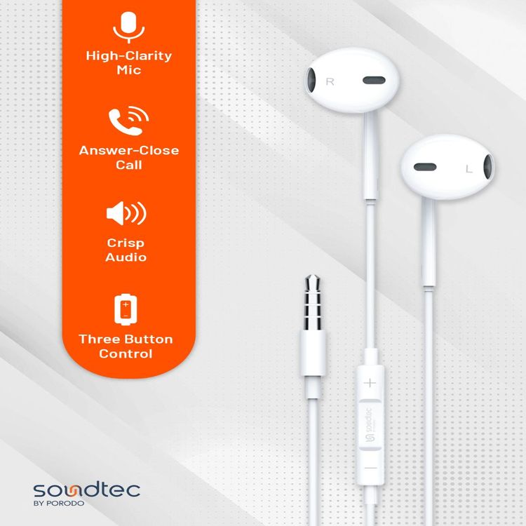 Porodo Soundtec Stereo Earphones with a 3.5mm AUX Connection, High-Clarity Microphone, 3-Button Controls, Answer & End Call - White