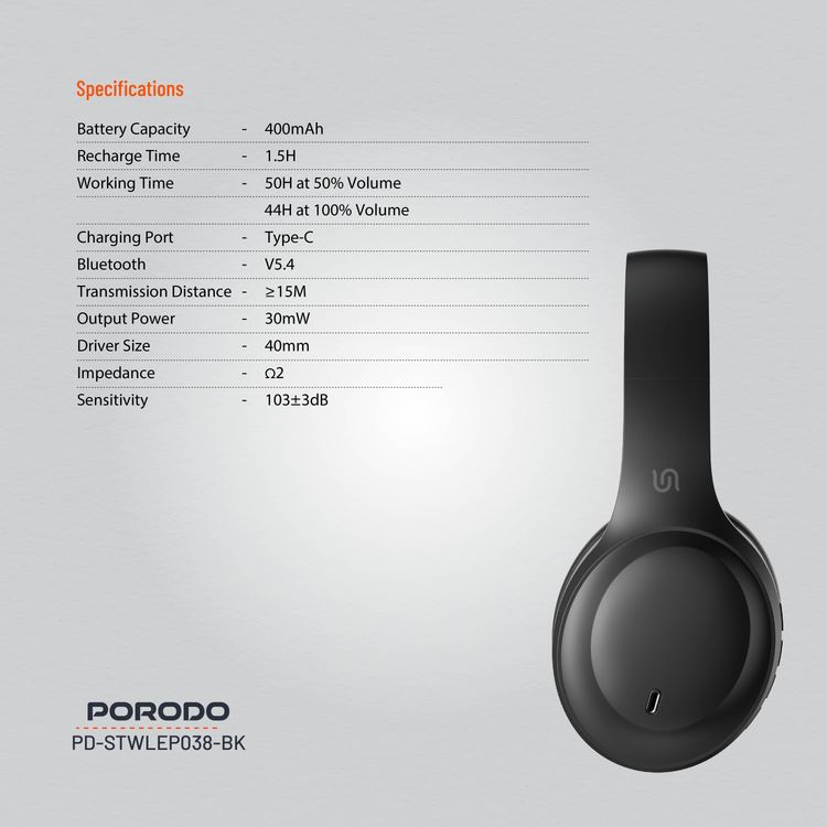  Porodo Soundtec Wireless Headphones with 400mAh Battery Capacity, 1.5 Hours Recharge Time, Up to 50 Hours Working Time, Type C Charging Port, Bluetooth V5.4 - Black